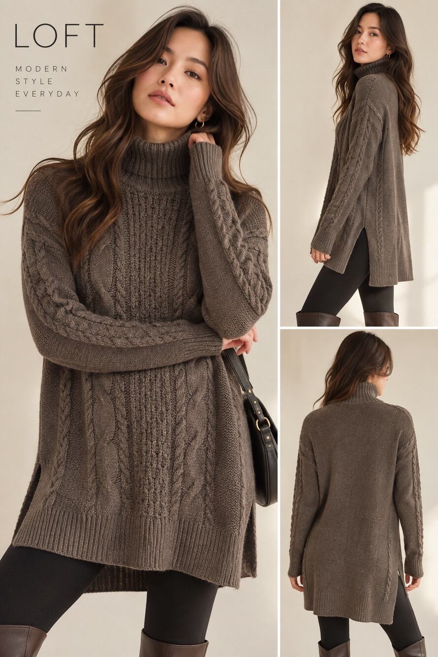 LOFT Brown Fisherman Knit Mock Neck Tunic Sweater Camel Hair S High Low Hem Fall